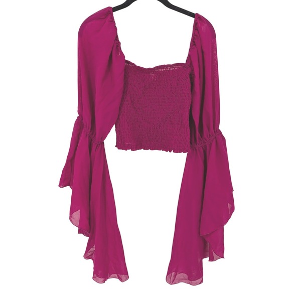 Live 4 Truth Tops - Fairycore Crop Top Womens Large Magenta Pink Smocked Bell Sleeve Statement Flowy
